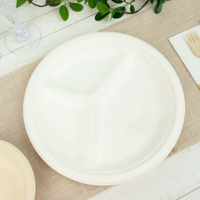 50-Pack Bagasse Round Dinner Plates 10" White with 3-Compartments - Eco Friendly Disposable Sugarcane Divided Plates for Meal Prep & Portion Control