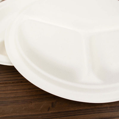 50-Pack Bagasse Round Dinner Plates 10" White with 3-Compartments - Eco Friendly Disposable Sugarcane Divided Plates for Meal Prep & Portion Control