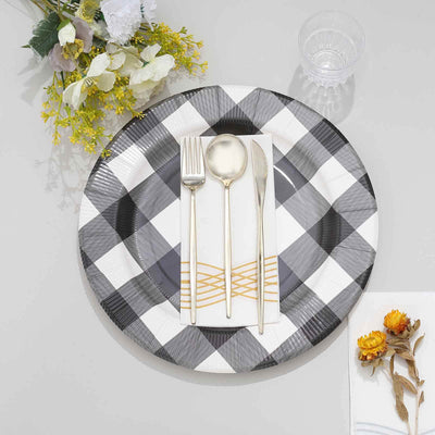 10-Pack Buffalo Plaid Paper Charger Plates – Black/White 13" Round Disposable Table Chargers, 350 GSM Cardstock