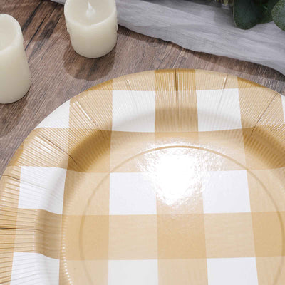 10-Pack Buffalo Plaid Paper Charger Plates – Gold/White 13" Round Disposable Table Chargers, 350 GSM Cardstock