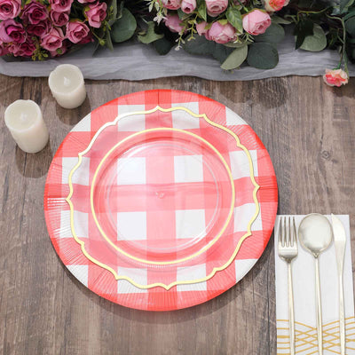 10-Pack Buffalo Plaid Paper Charger Plates – Red/White 13" Round Disposable Table Chargers, 350 GSM Cardstock
