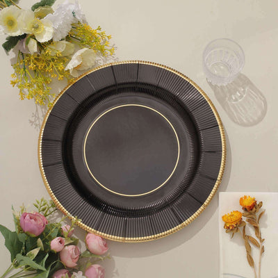 25-Pack Disposable Round Charger Plates 13" Black Sunray Design with Gold Rim - 350GSM Heavy Duty Paper Placemats