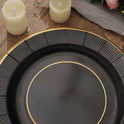 25-Pack Disposable Round Charger Plates 13" Black Sunray Design with Gold Rim - 350GSM Heavy Duty Paper Placemats