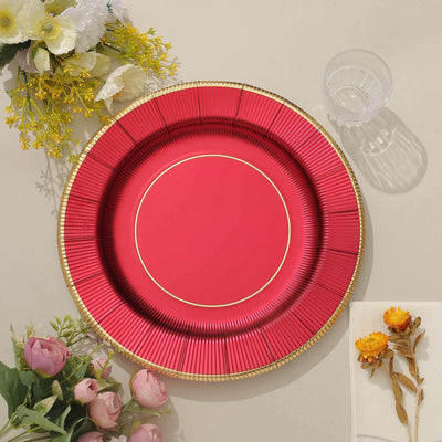 25-Pack Disposable Round Charger Plates 13" Burgundy Sunray Design with Gold Rim - 350GSM Heavy Duty Paper Placemats