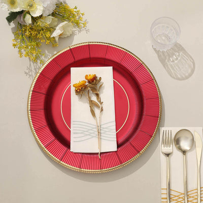 25-Pack Disposable Round Charger Plates 13" Burgundy Sunray Design with Gold Rim - 350GSM Heavy Duty Paper Placemats