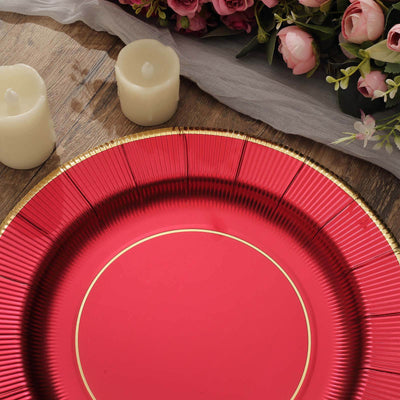 25-Pack Disposable Round Charger Plates 13" Burgundy Sunray Design with Gold Rim - 350GSM Heavy Duty Paper Placemats
