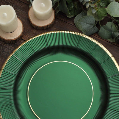 25-Pack Disposable Round Charger Plates 13" Hunter Emerald Green Sunray Design with Gold Rim - 350GSM Heavy Duty Paper Placemats