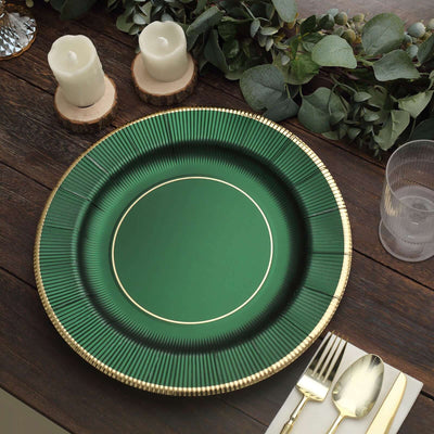 25-Pack Disposable Round Charger Plates 13" Hunter Emerald Green Sunray Design with Gold Rim - 350GSM Heavy Duty Paper Placemats