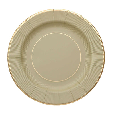 25-Pack Disposable Round Charger Plates 13" Khaki Sunray Design with Gold Rim - 350GSM Heavy Duty Paper Placemats