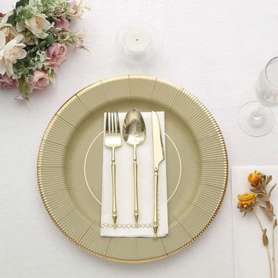 25-Pack Disposable Round Charger Plates 13" Khaki Sunray Design with Gold Rim - 350GSM Heavy Duty Paper Placemats