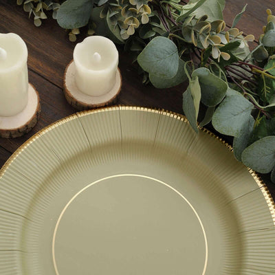 25-Pack Disposable Round Charger Plates 13" Khaki Sunray Design with Gold Rim - 350GSM Heavy Duty Paper Placemats
