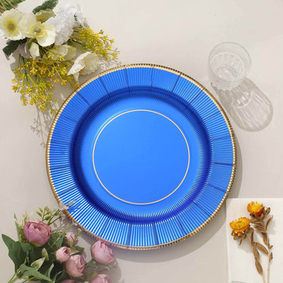 25-Pack Disposable Round Charger Plates 13" Royal Blue Sunray Design with Gold Rim - 350GSM Heavy Duty Paper Placemats
