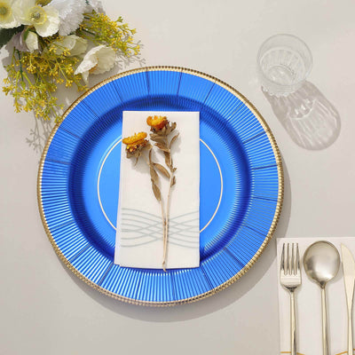 25-Pack Disposable Round Charger Plates 13" Royal Blue Sunray Design with Gold Rim - 350GSM Heavy Duty Paper Placemats