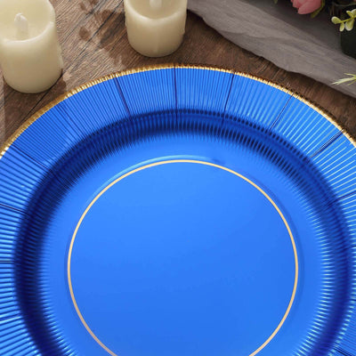 25-Pack Disposable Round Charger Plates 13" Royal Blue Sunray Design with Gold Rim - 350GSM Heavy Duty Paper Placemats