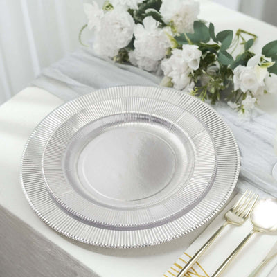 25-Pack Disposable Round Charger Plates 13" Metallic Silver Sunray Design - 350GSM Heavy Duty Cardboard Placemats