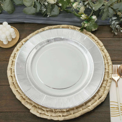 25-Pack Disposable Round Charger Plates 13" Metallic Silver Sunray Design - 350GSM Heavy Duty Cardboard Placemats
