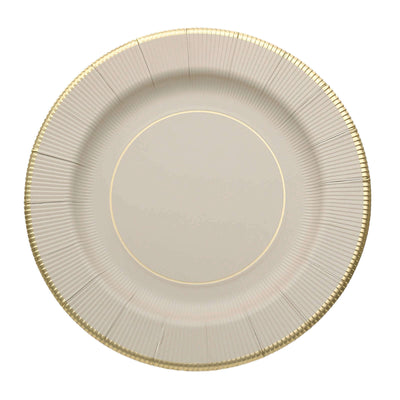 25-Pack Disposable Round Charger Plates 13" Taupe Sunray Design with Gold Rim - 350GSM Heavy Duty Paper Placemats
