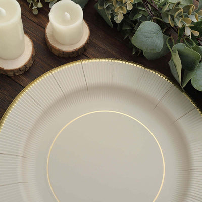 25-Pack Disposable Round Charger Plates 13" Taupe Sunray Design with Gold Rim - 350GSM Heavy Duty Paper Placemats