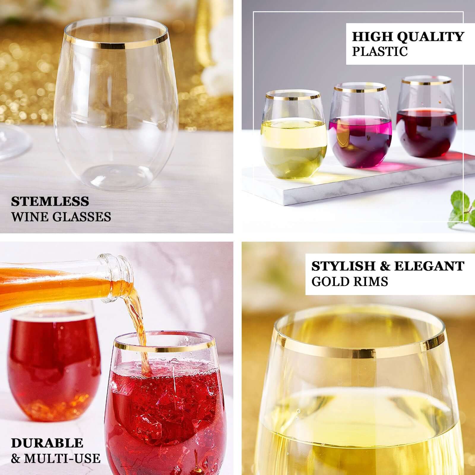 12 Pack Clear Gold Rim Stemless Wine Glasses 