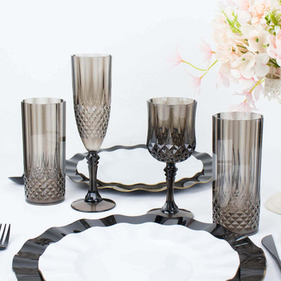 6-Pack Transparent Plastic Crystal Cut Wine Glasses 8oz, Black - Shatterproof Cocktail Goblets