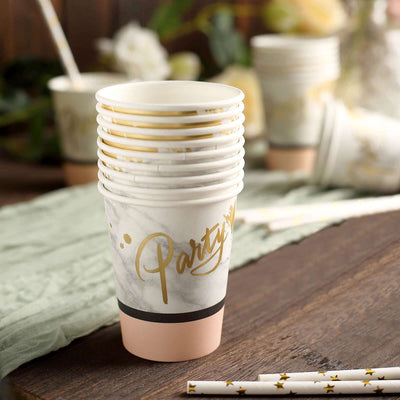 24-Pack Paper Cups 9oz Blush with Marble Top - Chic Disposable Party Cups for Events & All Purpose Use