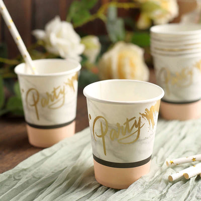 24-Pack Paper Cups 9oz Blush with Marble Top - Chic Disposable Party Cups for Events & All Purpose Use