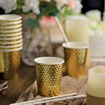 24-Pack Paper Cups 10oz Gold Foil with Honeycomb Design - Chic Disposable Party Cups for Events & All Purpose Use