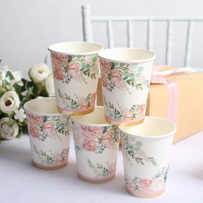 24-Pack Paper Cups 9oz Pink Peony Flower Print with Gold Foil - Stylish Disposable Party Cups for Hot & Cold Beverages