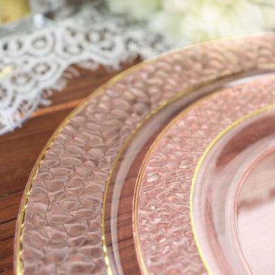 10-Pack Plastic Round Dinner Plates 10" Blush Hammered Design with Gold Rim - Disposable Party Plates
