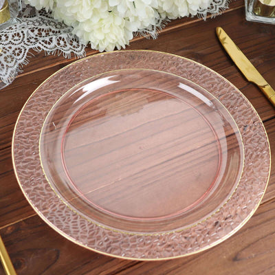 10-Pack Plastic Round Dinner Plates 10" Blush Hammered Design with Gold Rim - Disposable Party Plates