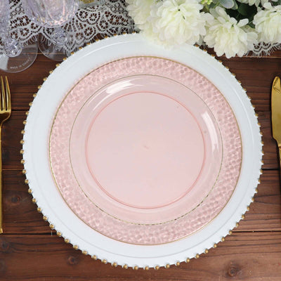 10-Pack Plastic Round Dinner Plates 10" Blush Hammered Design with Gold Rim - Disposable Party Plates