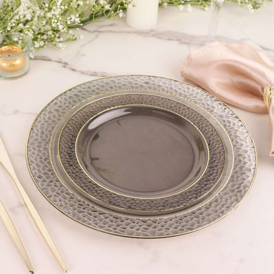 10-Pack Plastic Round Dinner Plates 10" Opaque Black Hammered Design with Gold Rim - Disposable Party Plates