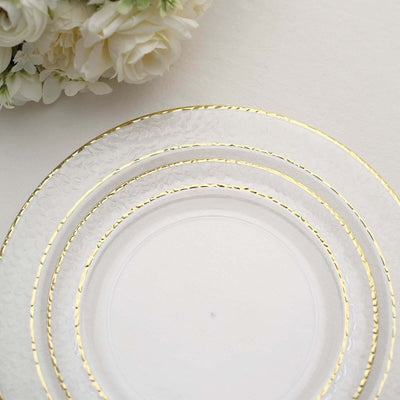 10-Pack Plastic Round Dinner Plates 10" Clear Hammered Design with Gold Rim - Disposable Party Plates