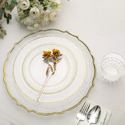 10-Pack Plastic Round Appetizer Plates 7.5" Clear Hammered Design with Gold Rim - Disposable Salad Plates for Stylish Weddings & Celebrations