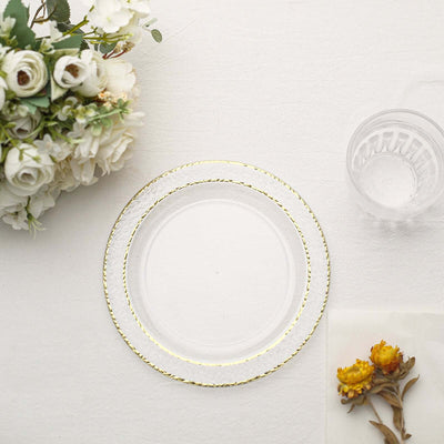 10-Pack Plastic Round Appetizer Plates 7.5" Clear Hammered Design with Gold Rim - Disposable Salad Plates for Stylish Weddings & Celebrations