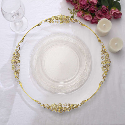 12-Pack Plastic Round Salad Plates 7" Clear with Gold Glitters & Floral Edge - Disposable Appetizer Salad Plates for Chic Events & Banquets