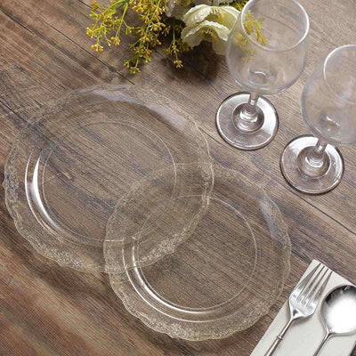 12-Pack Plastic Round Salad Plates 7" Clear with Gold Glitters & Floral Edge - Disposable Appetizer Salad Plates for Chic Events & Banquets