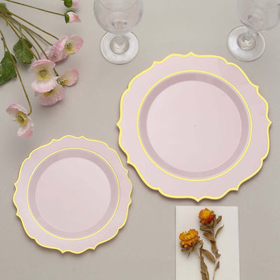 10-Pack Plastic Round Dinner Plates 10" Blush with Gold Scalloped Rim - Disposable Party Plates