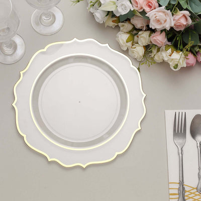 10-Pack Plastic Round Dinner Plates 10" Clear with Gold Scalloped Rim - Disposable Party Plates