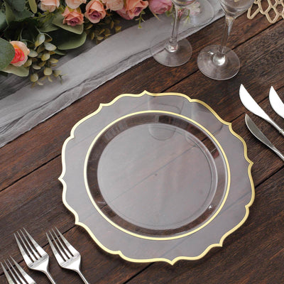 10-Pack Plastic Round Dinner Plates 10" Clear with Gold Scalloped Rim - Disposable Party Plates