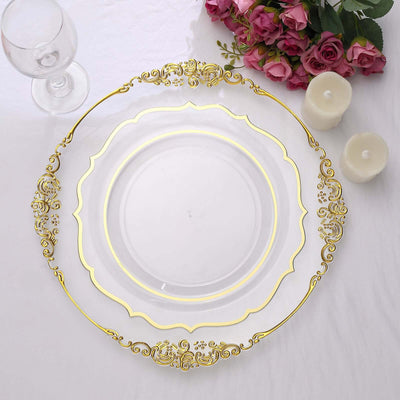 10-Pack Plastic Round Dinner Plates 10" Clear with Gold Scalloped Rim - Disposable Party Plates