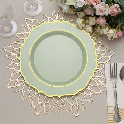 10-Pack Plastic Round Dinner Plates 10" Sage Green with Gold Scalloped Rim - Disposable Party Plates