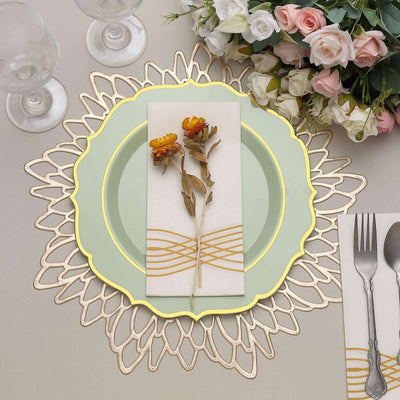 10-Pack Plastic Round Dinner Plates 10" Sage Green with Gold Scalloped Rim - Disposable Party Plates