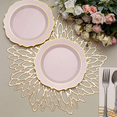 10-Pack Plastic Round Dessert Plates 8" Blush with Gold Scalloped Rim - Disposable Appetizer/Salad Plates