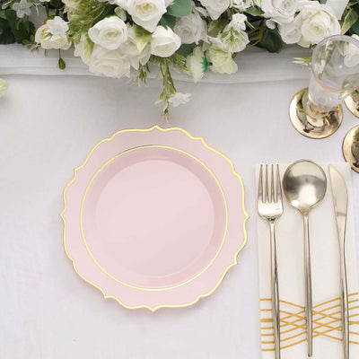 10-Pack Plastic Round Dessert Plates 8" Blush with Gold Scalloped Rim - Disposable Appetizer/Salad Plates