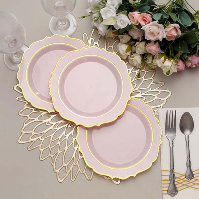 10-Pack Plastic Round Dessert Plates 8" Blush with Gold Scalloped Rim - Disposable Appetizer/Salad Plates