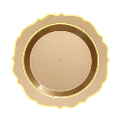 10-Pack Plastic Round Dessert Plates 8" Gold with Gold Scalloped Rim - Disposable Appetizer/Salad Plates