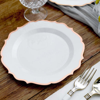 10-Pack Plastic Round Dessert Plates 8" White with Rose Gold Scalloped Rim - Disposable Appetizer/Salad Plates