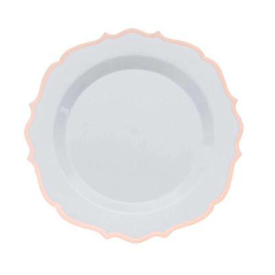 10-Pack Plastic Round Dessert Plates 8" White with Rose Gold Scalloped Rim - Disposable Appetizer/Salad Plates