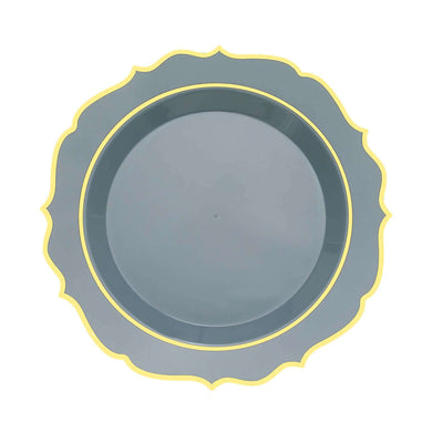 10-Pack Plastic Round Dessert Plates 8" Dusty Blue with Gold Scalloped Rim - Disposable Appetizer/Salad Plates